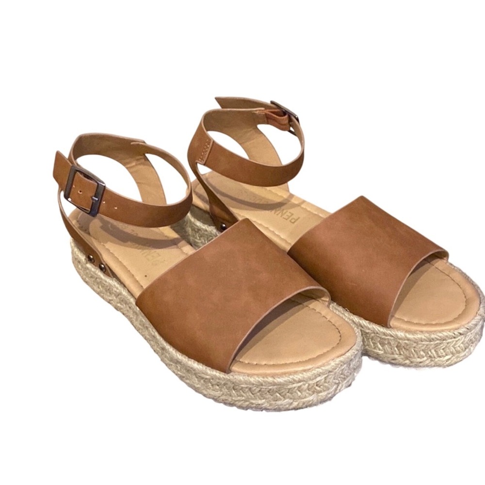 Penny Sue Womens Tan Brown Espadrille Platform Sandals Ankle Strap Buckle Size 8